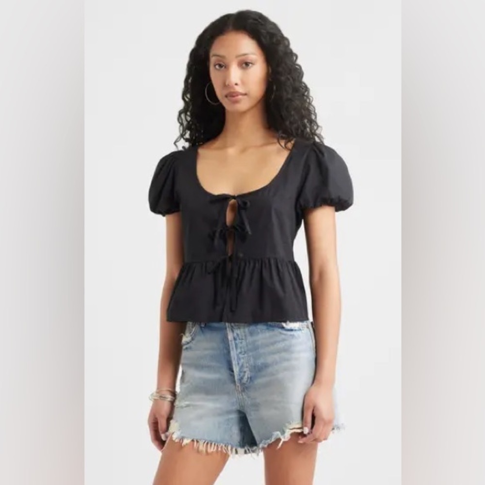 bp Black Puff Sleeve Tie-Front Peplum Top
